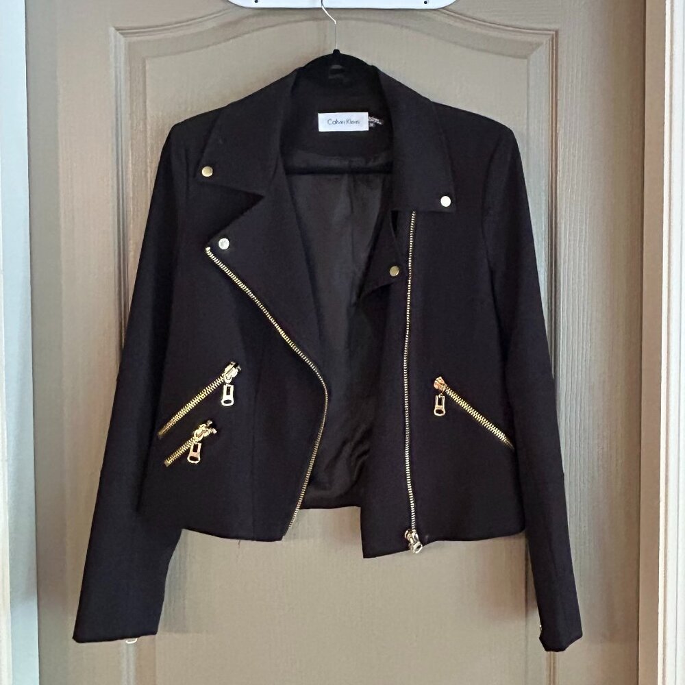 Calvin Klein Black Moto Jacket Size 10 | Gold Zipper Detail Y2K Chic